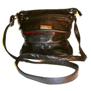 Stone Mountain Women's Crossbody Bag Black Leather Multiple Zip Closure Red Line